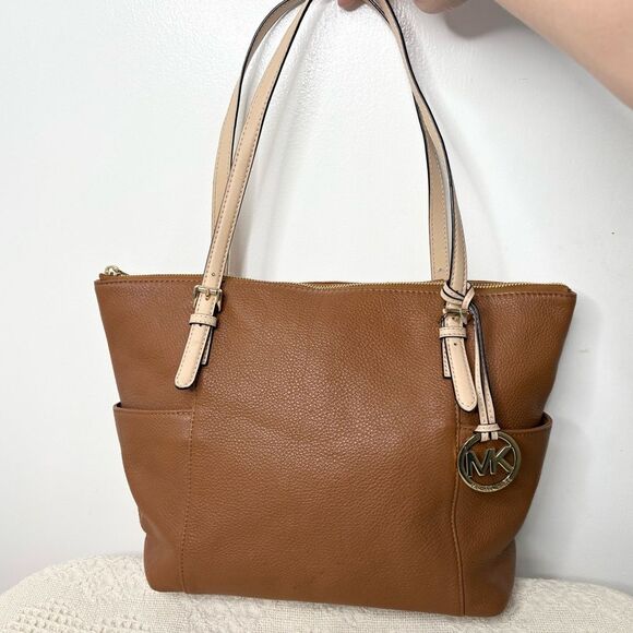 Michael Kors Jet Set Large Pebble Leather Top-Zip Tote Bag Tan - Picture 3 of 11